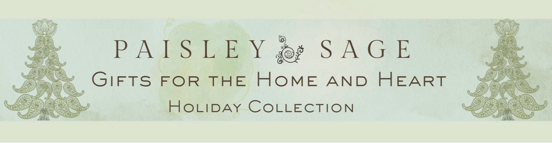 Paisley Sage holiday collection banner with decorative elements on a light green background